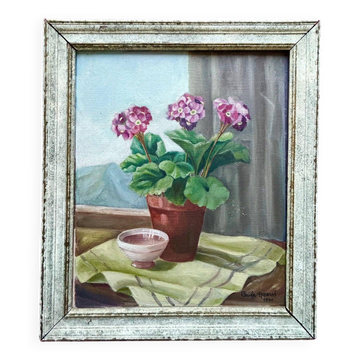 Nature morte aux hortensias, Cécile Haeni, années 1940, huile sur panneau vintage signée