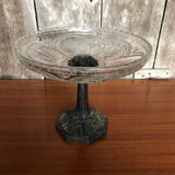 Old centerpiece cut art deco glass + foot silver metal vintage #a285