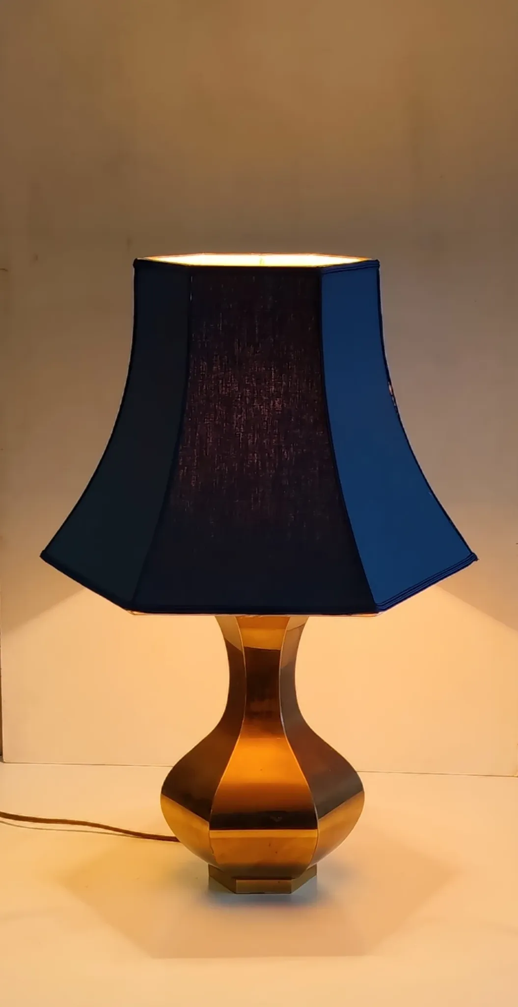 70's design table lamp in gold brass and blue fabric