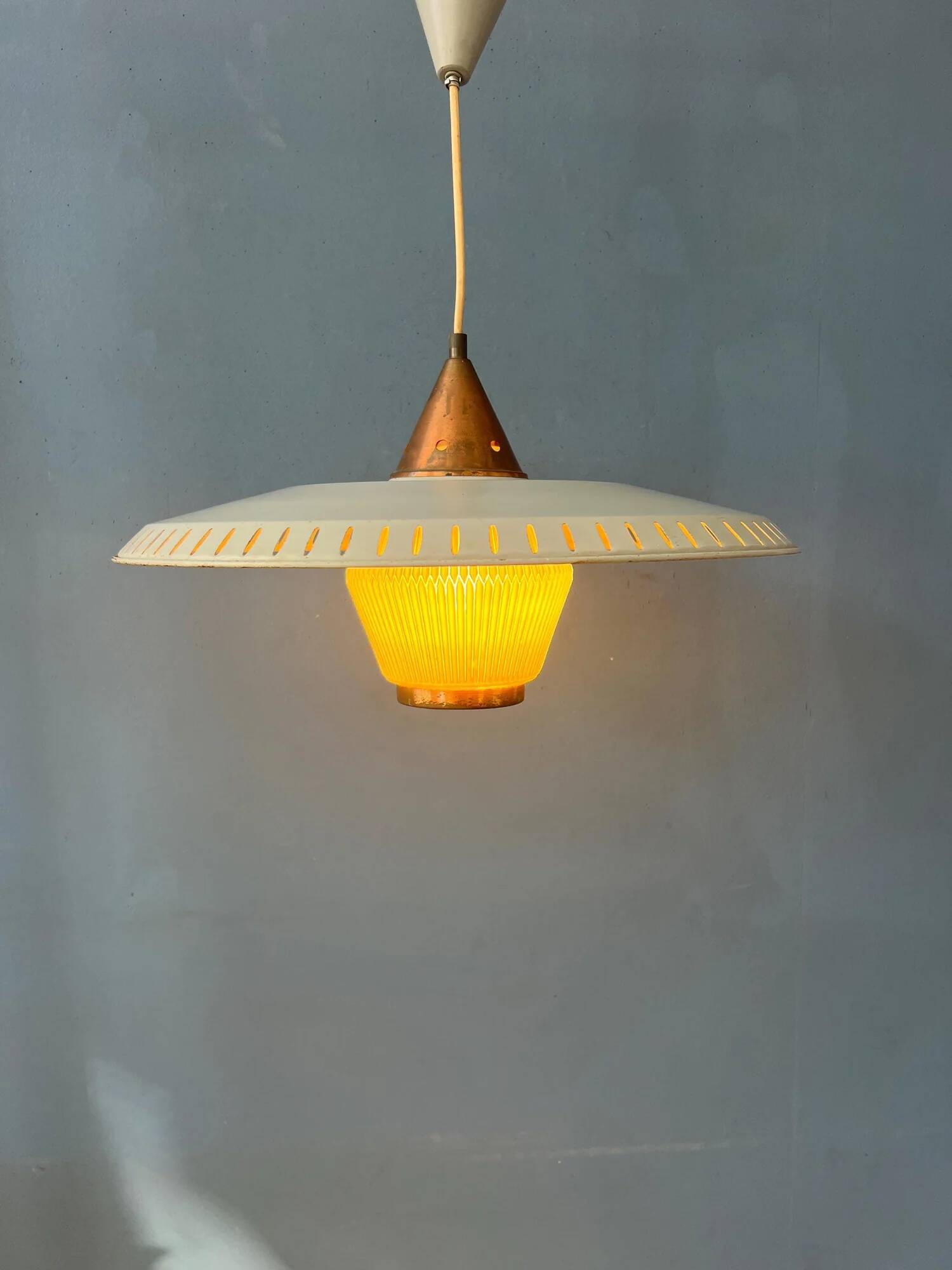 Vintage Louis Kalff enamel opaline glass pendant lamp