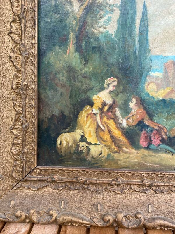 Tableau huile sur toile – Scène pastorale – Style Boucher – XIXe