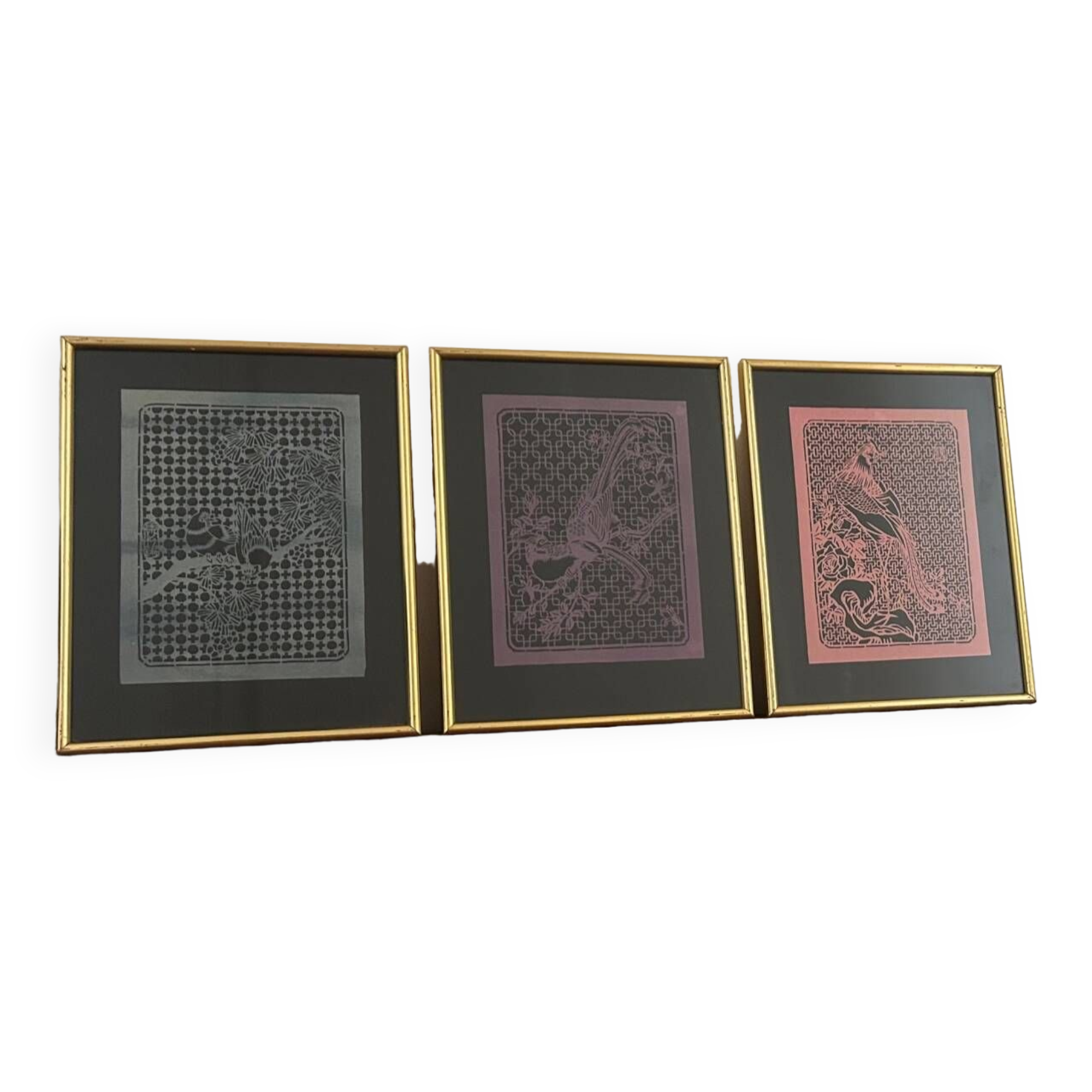3 bird paintings in vintage Chinese cut paper