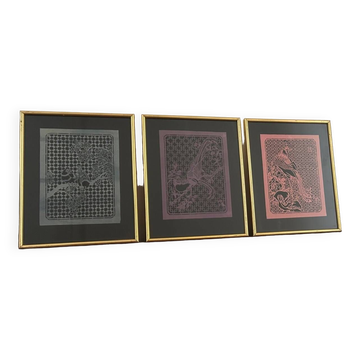 3 bird paintings in vintage Chinese cut paper