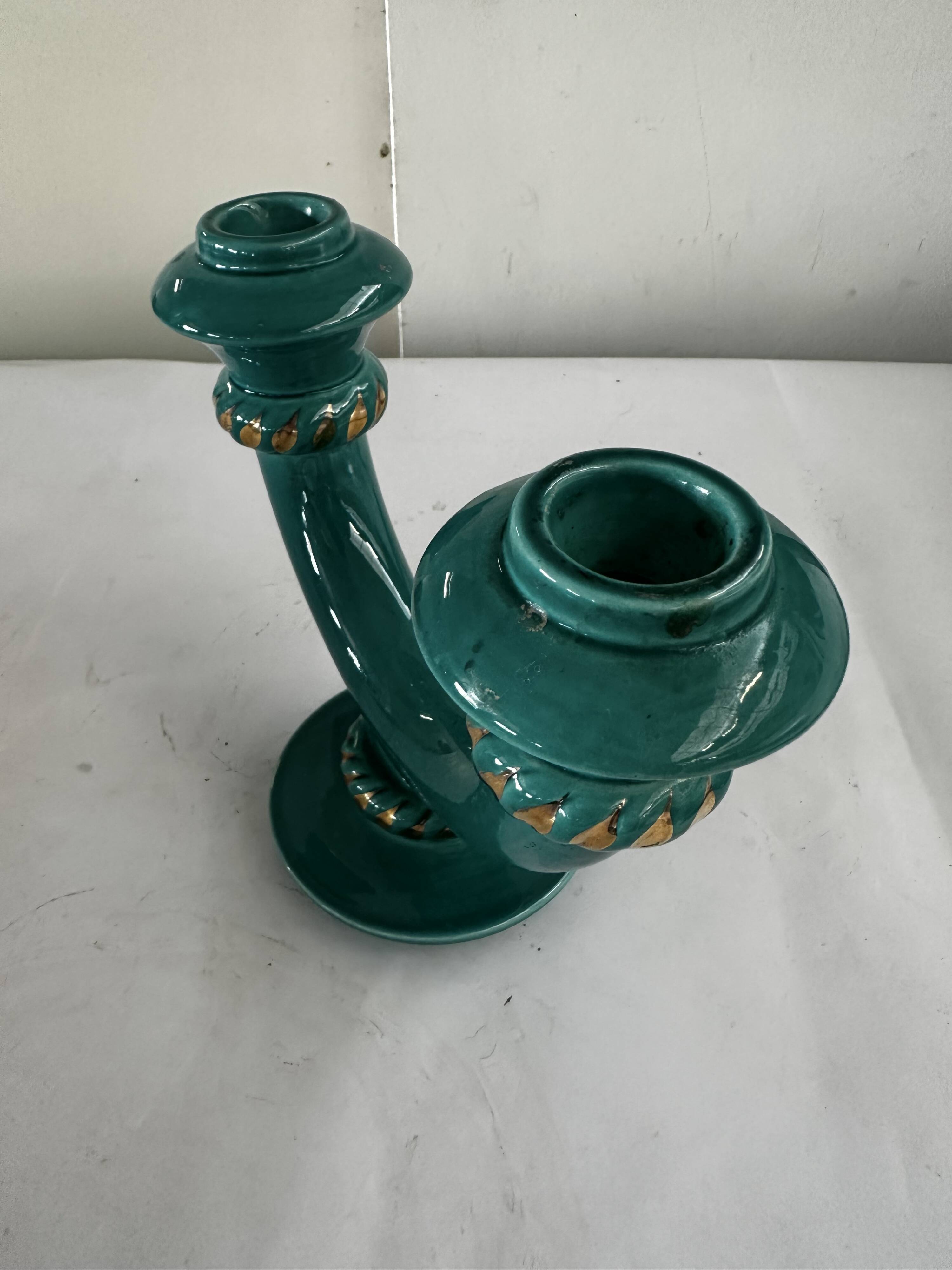 Art Deco candlestick in green and gold glazed ceramic, attributed to Vallauris