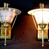 Mid-Century Brass, Black Metal and Opaline Gilt Glass Lantern and sconces, Maison Lunel, France