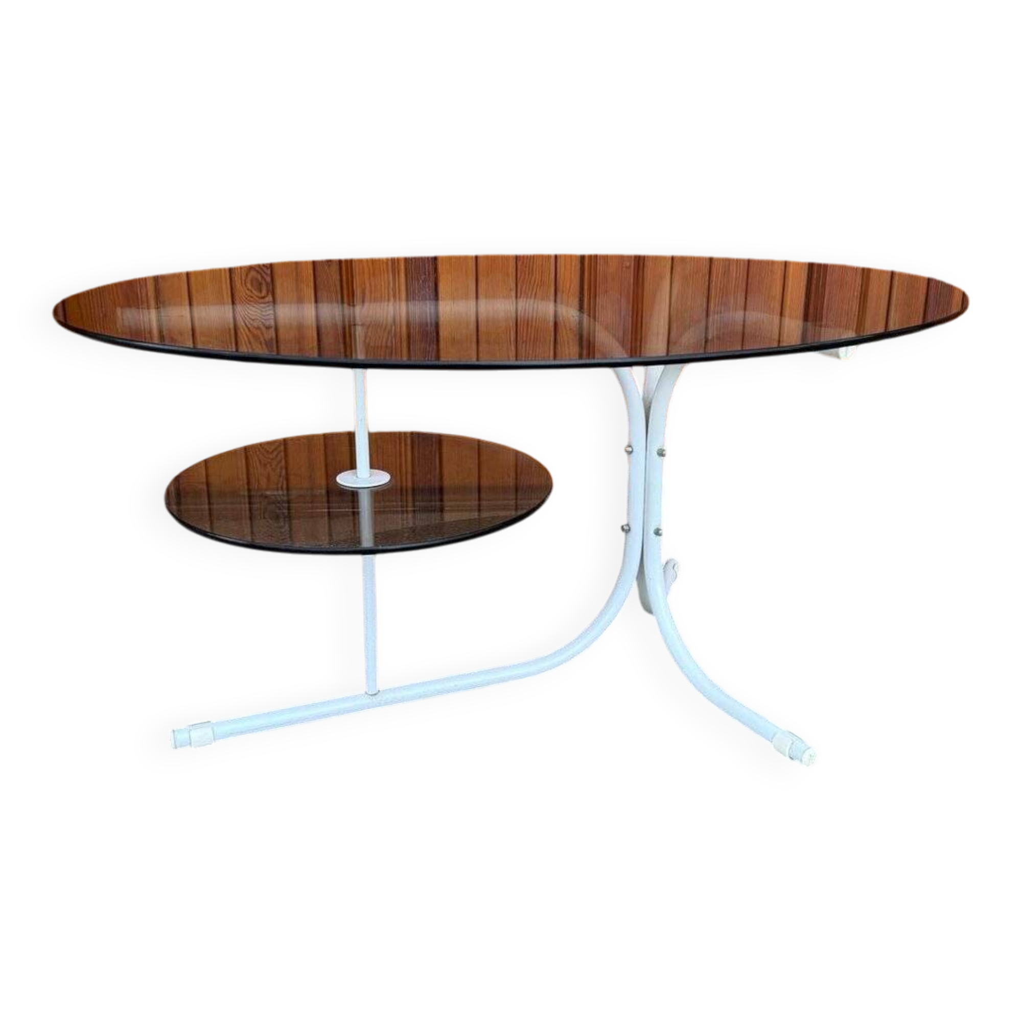 Oval smoked grey glass coffee table with white metal legs - 1990s vintage style.