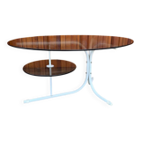 Oval smoked grey glass coffee table with white metal legs - 1990s vintage style.