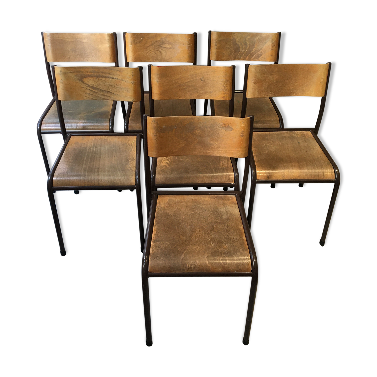 Set of 7 curved back school chairs