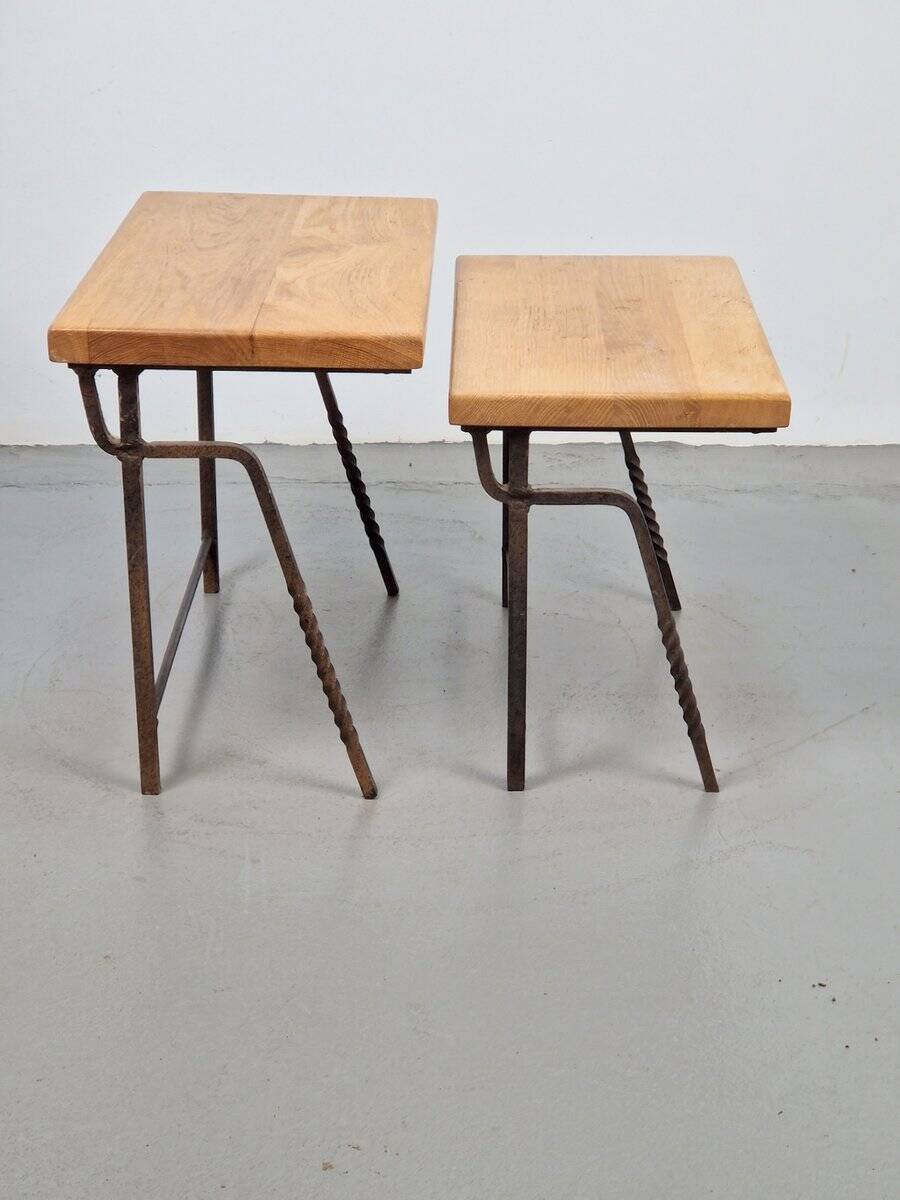 Brutalist Cast Iron and Oak Nesting Tables, 1970s, Set of 2