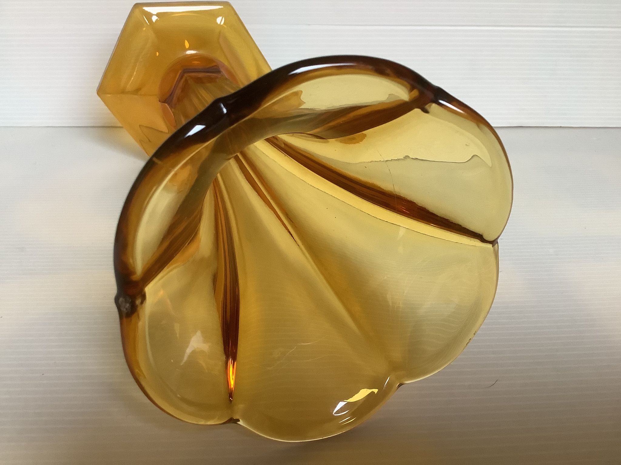Old flower-shaped vase, moulded yellow glass, Art Deco.