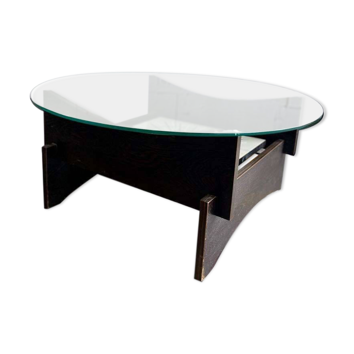 Vintage round coffee table with glass, wood and tiles