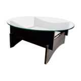 Vintage round coffee table with glass, wood and tiles