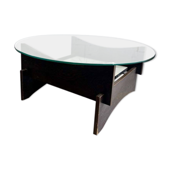 Table basse ronde vintage avec verre, bois et carrelage