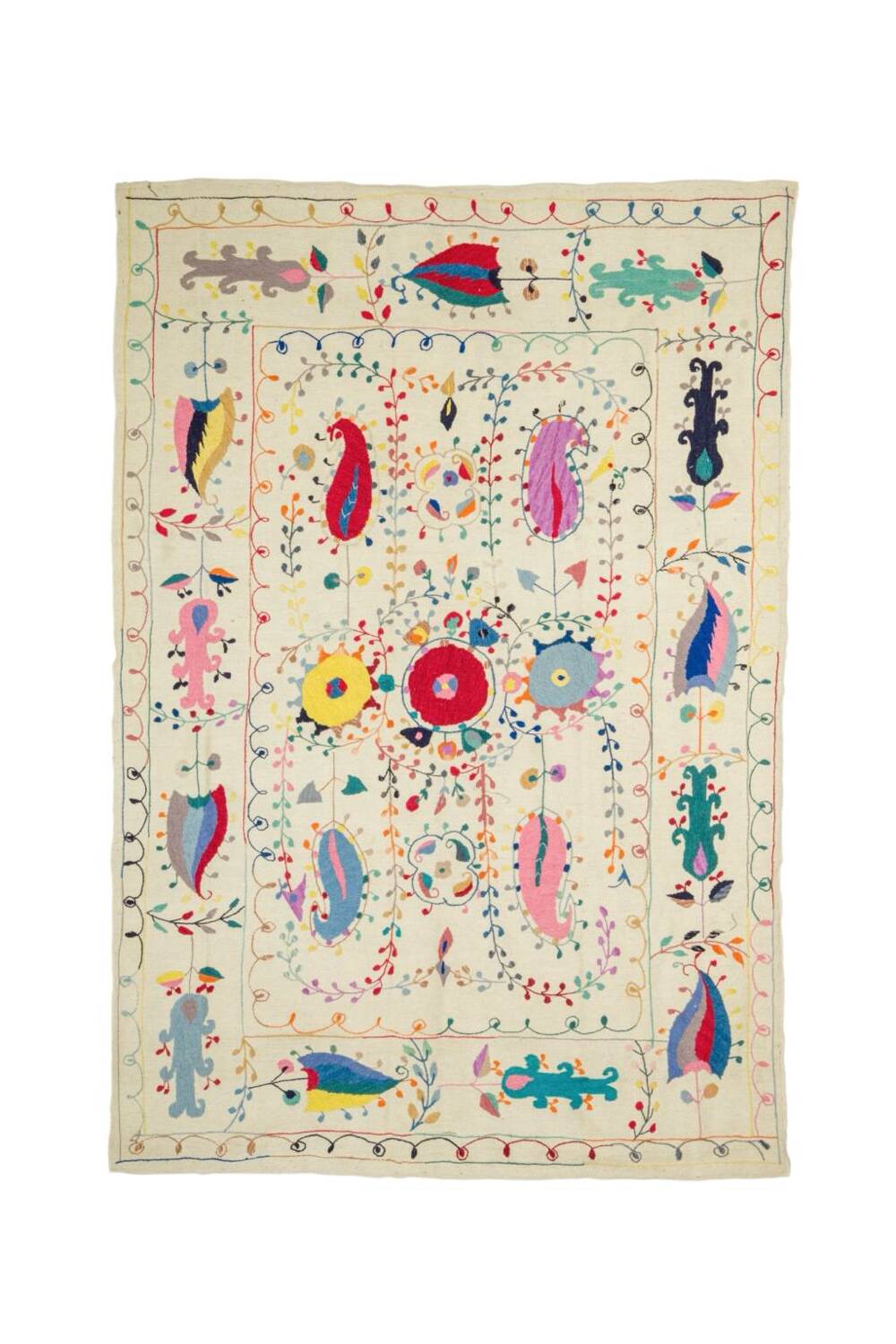 White suzani kilim rug with hand embroidered multi-colored patterns