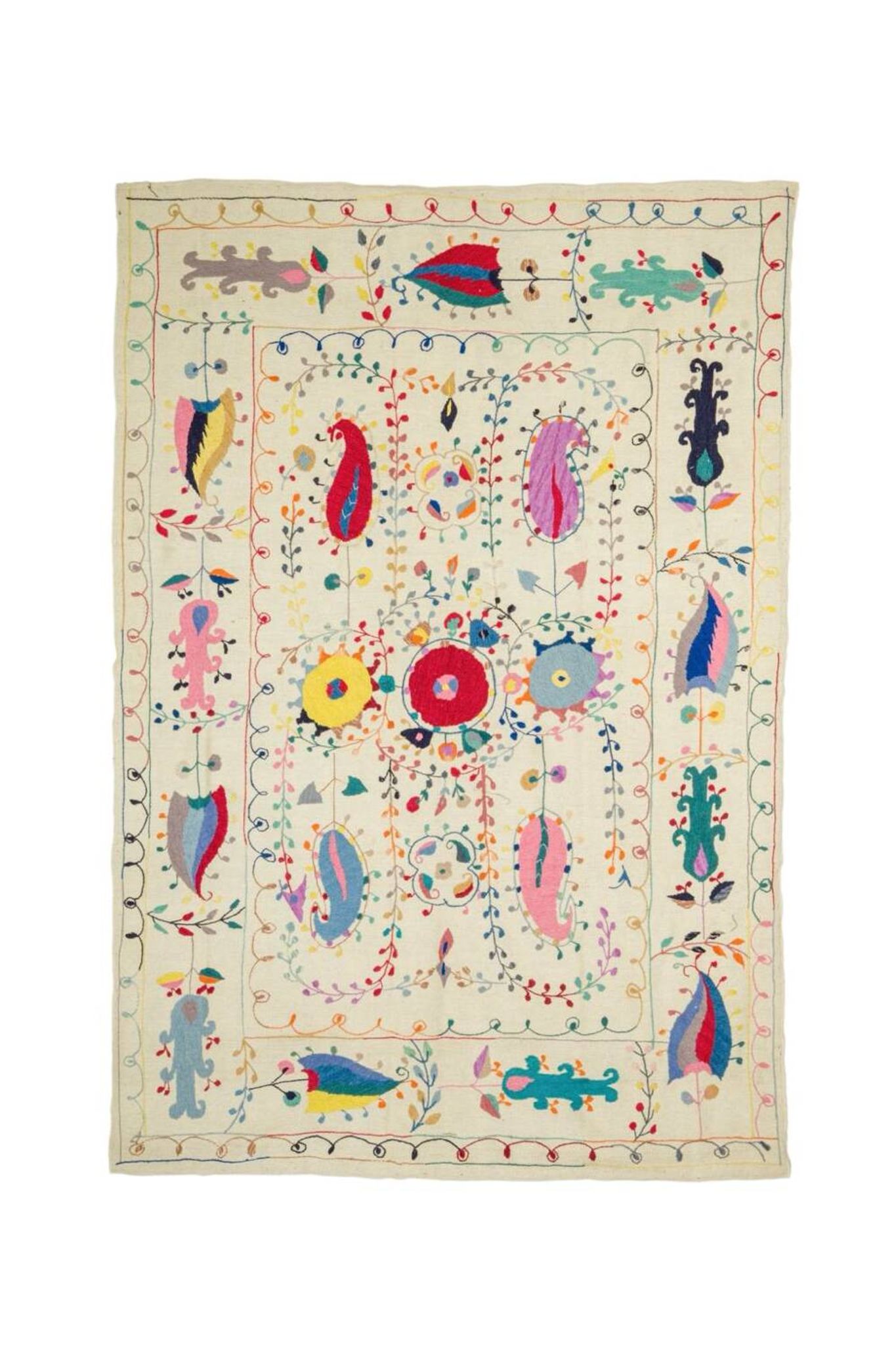 White suzani kilim rug with hand embroidered multi-colored patterns