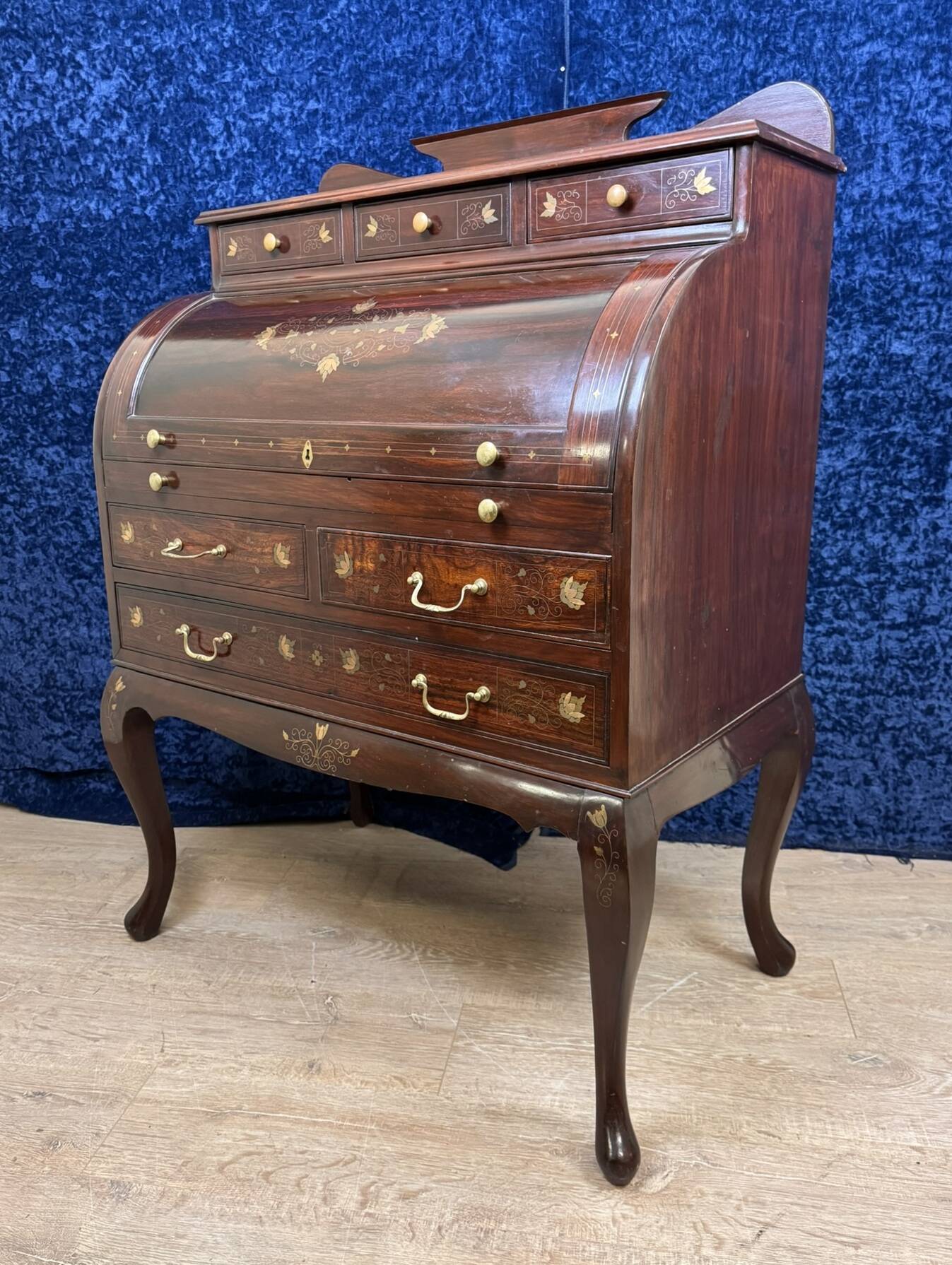 Cylinder desk in mahogany and inlaid marquetry circa 1900