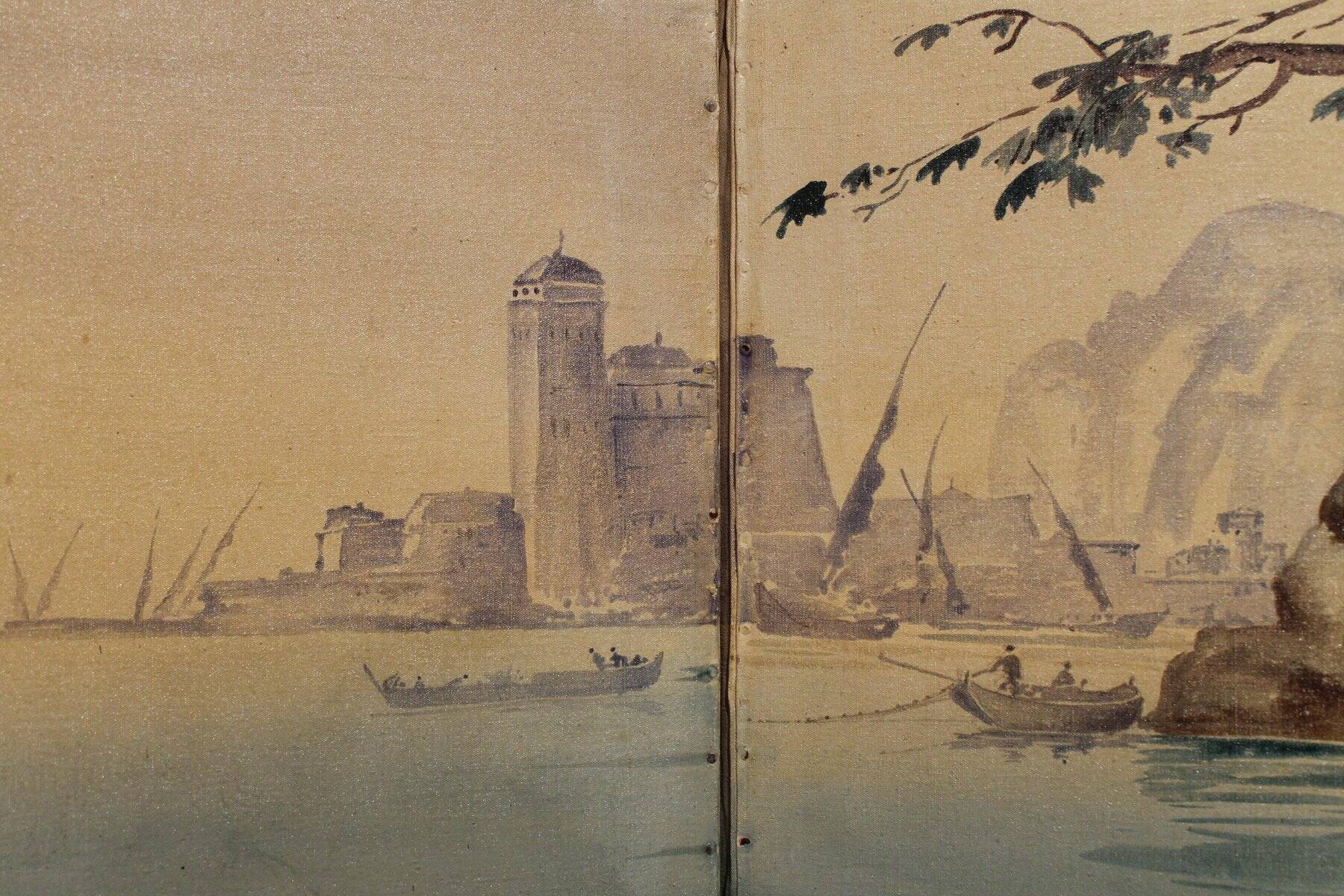 Early 20th Century French Tempera on Canvas Folding Screen with Seascape View