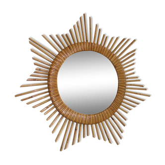 Miroir soleil en rotin des années 50 49x49cm
