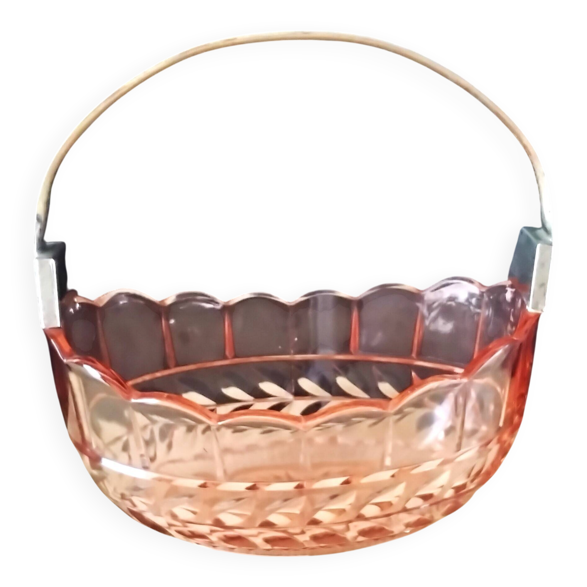 Pink molded pressed glass fruit basket centerpiece