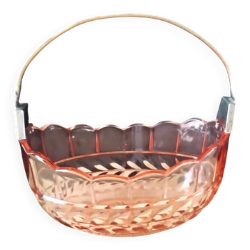 Pink molded pressed glass fruit basket centerpiece
