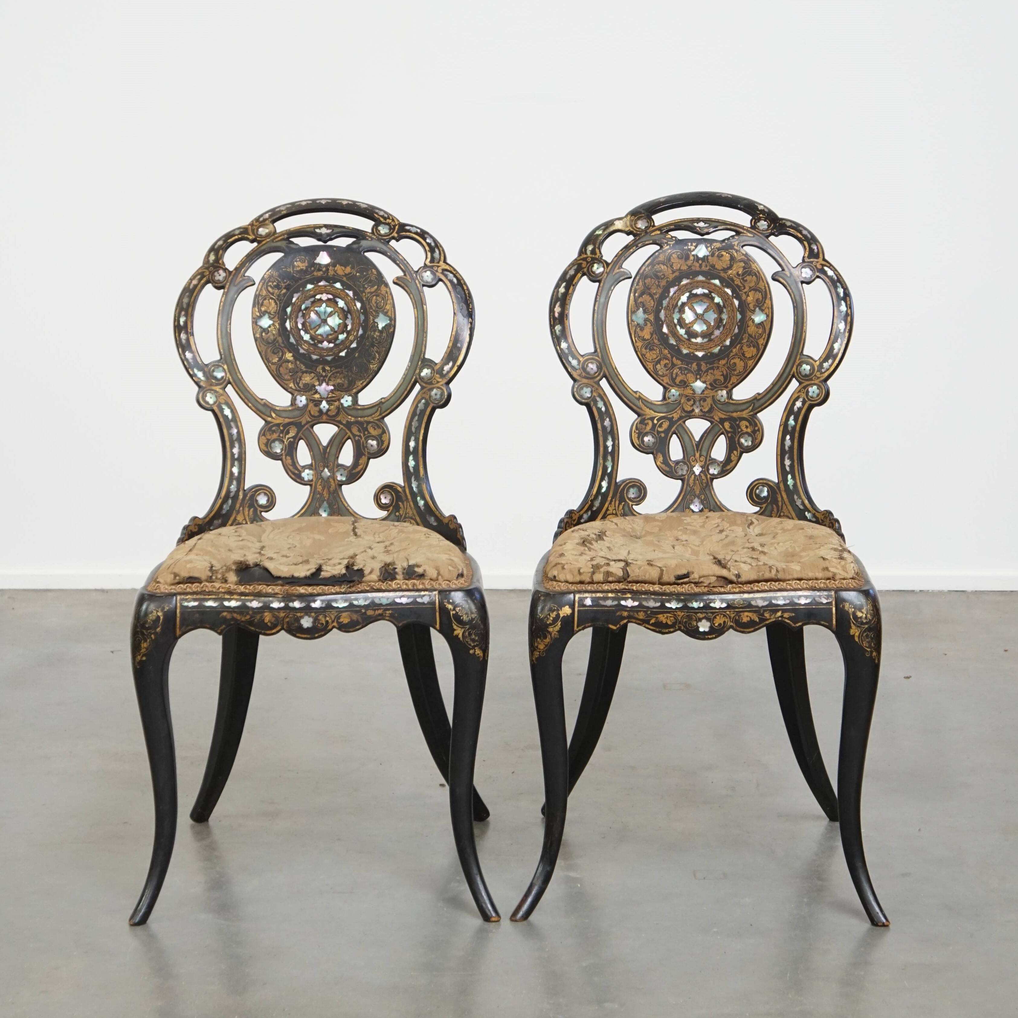 Set of 2 Antique 19th Century English Chinoiserie Mother of Pearl Chairs