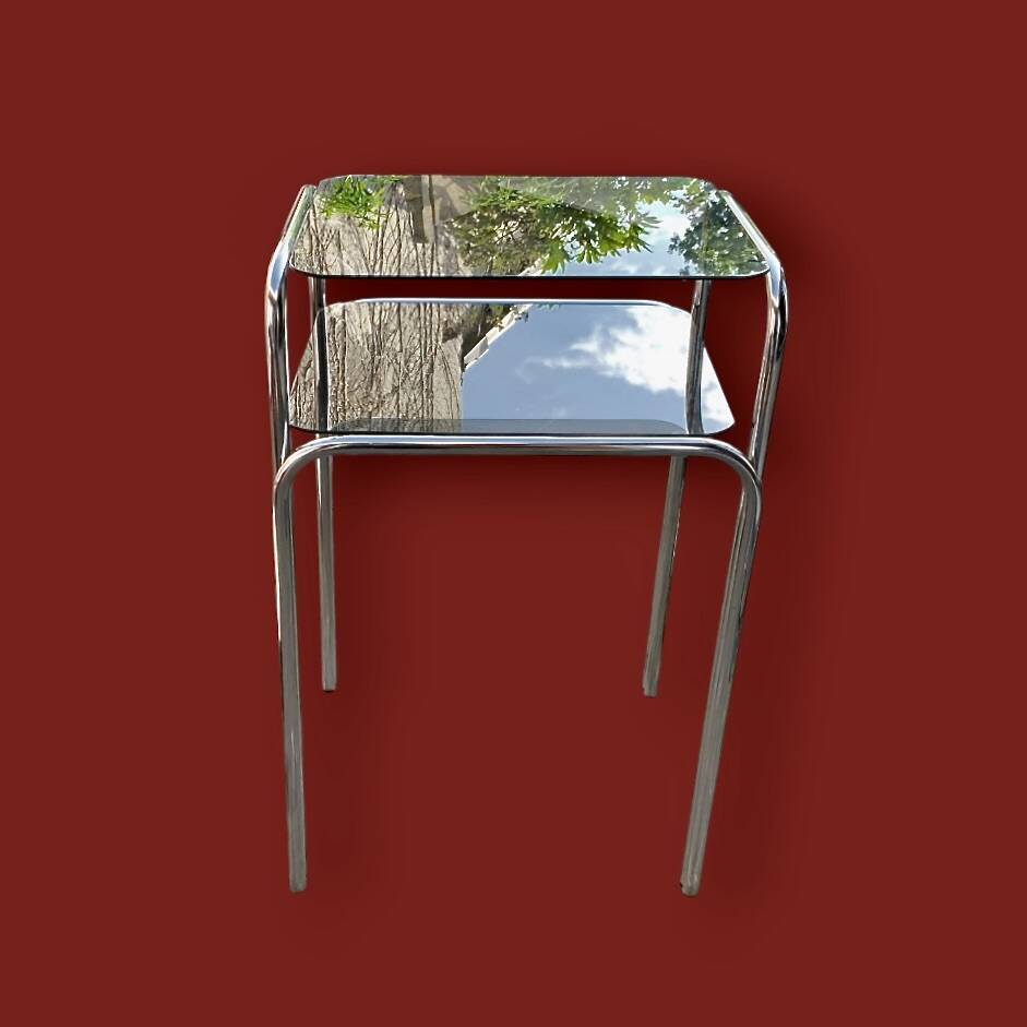 Vintage side table in chromed metal and smoked glass - modernist style