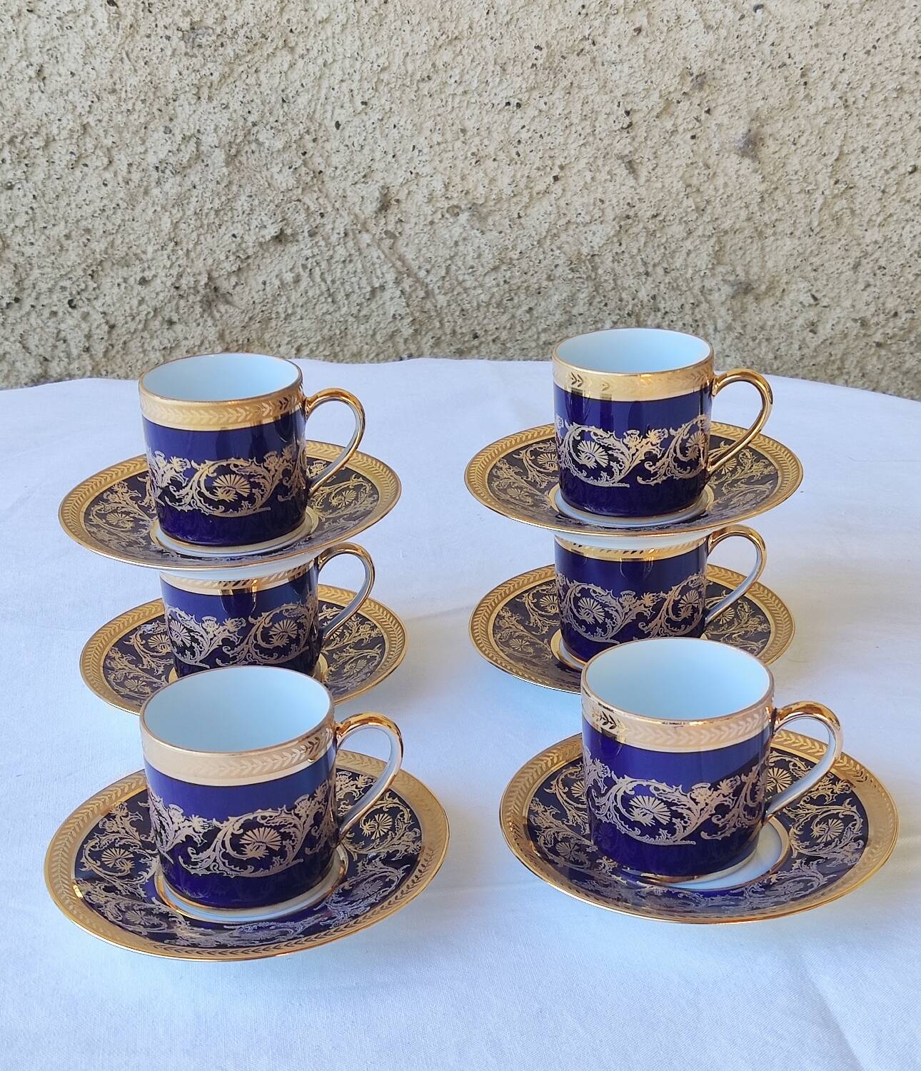 6 litron cups and saucers - oven blue and gold - Limoges porcelain
