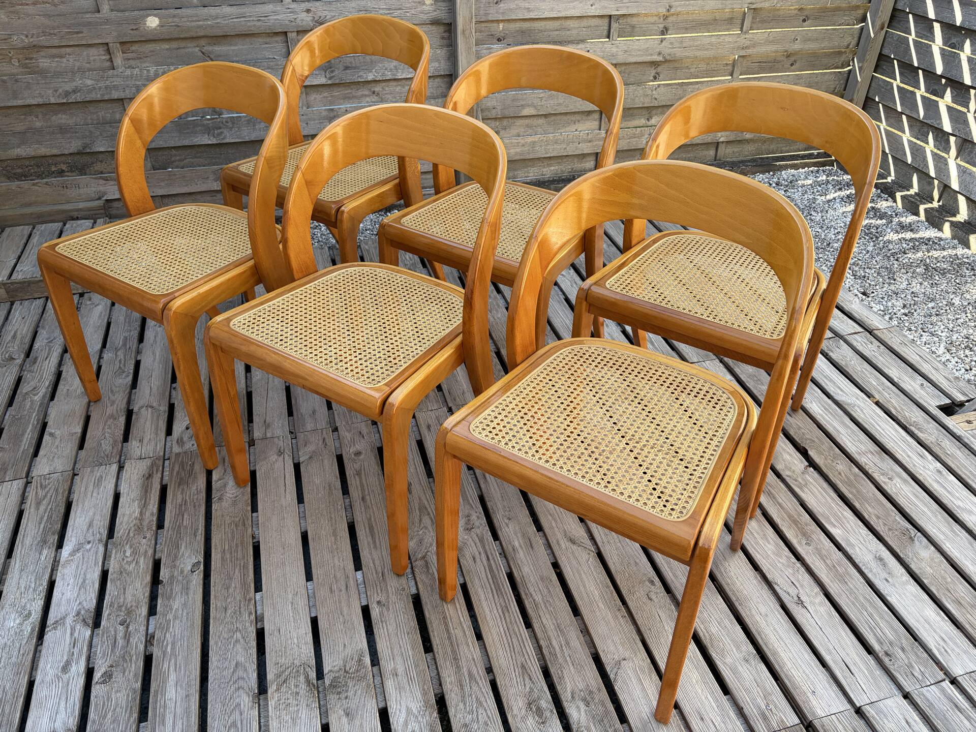 Set of 6 caned chairs by Baumann, gondola model.