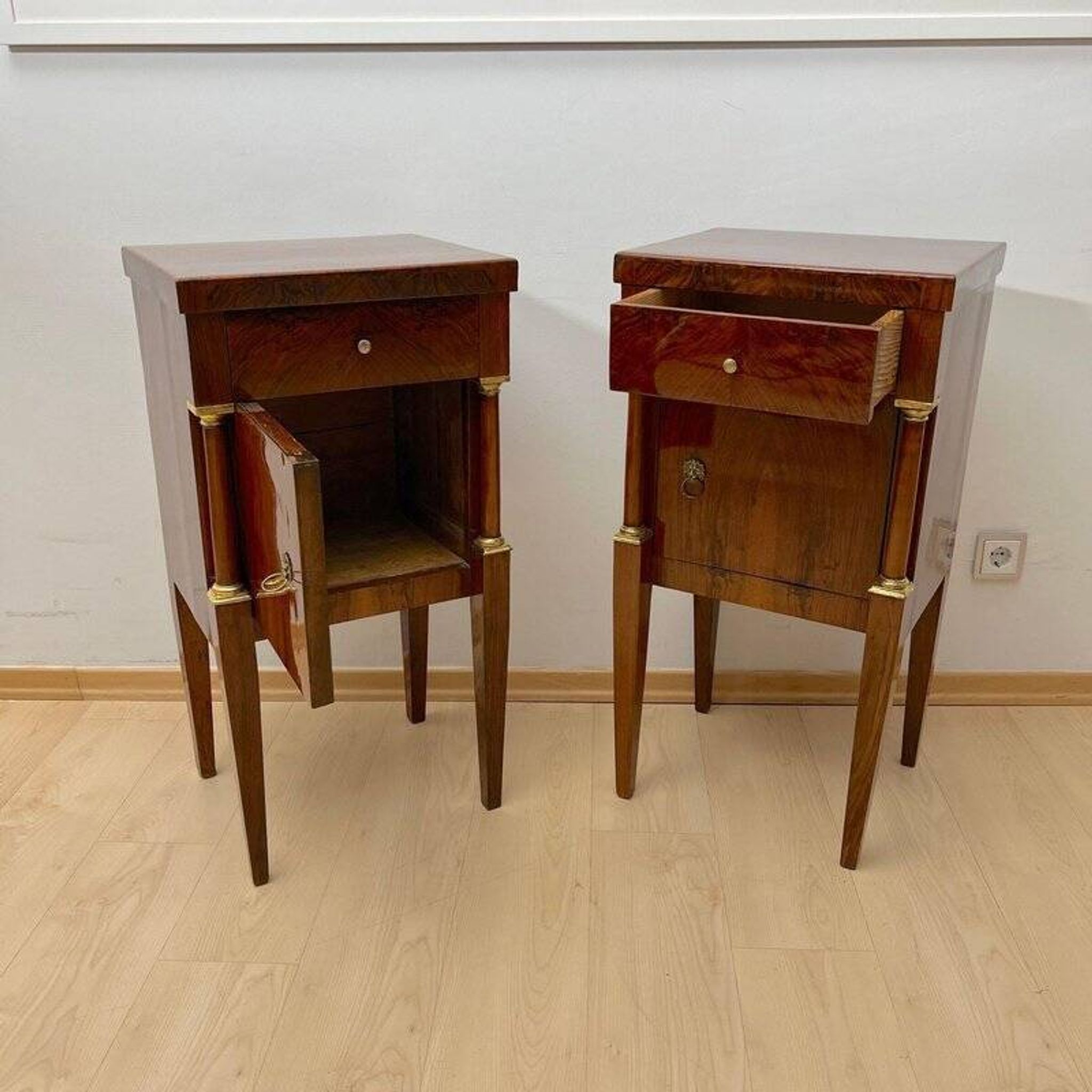 Empire Nightstands in Walnut with Full Columns in Gilt Brass, Italy, 1810, Set of 2