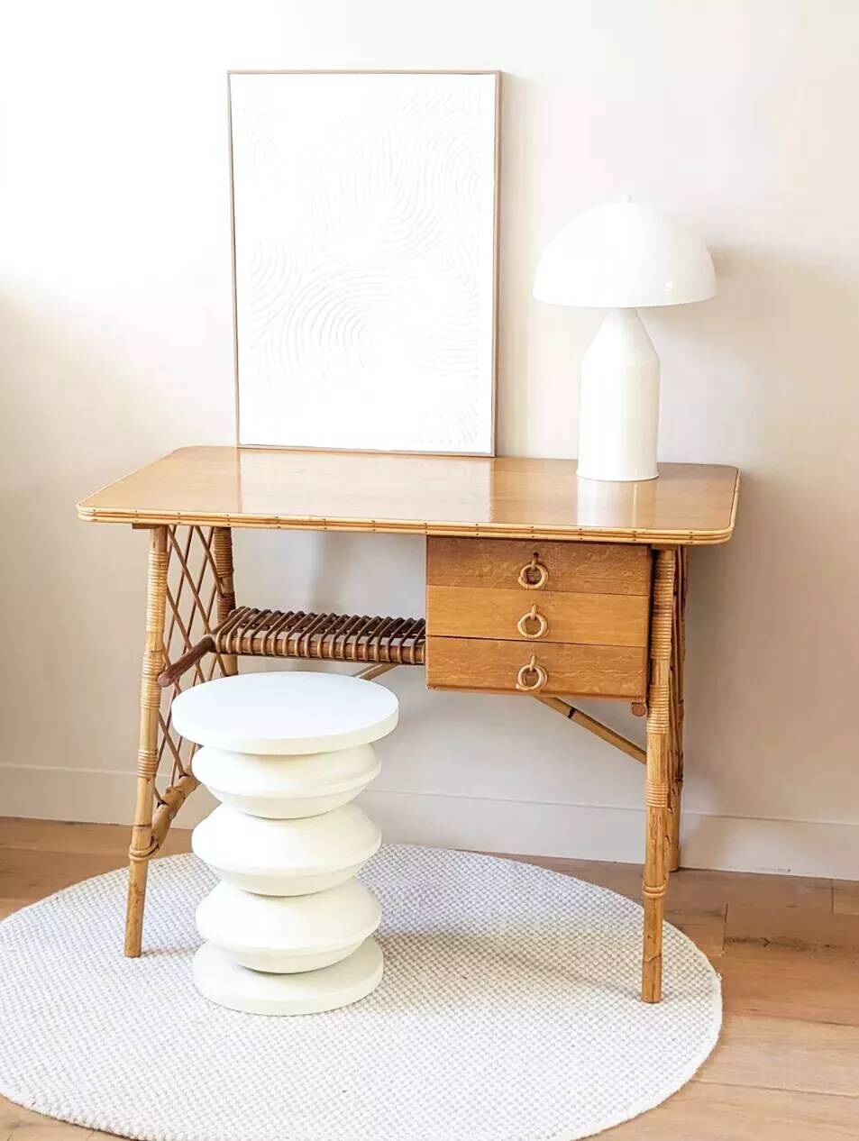 Vintage wood and rattan desk by L. Sognot