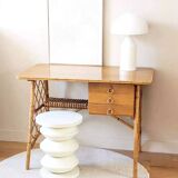 Vintage wood and rattan desk by L. Sognot