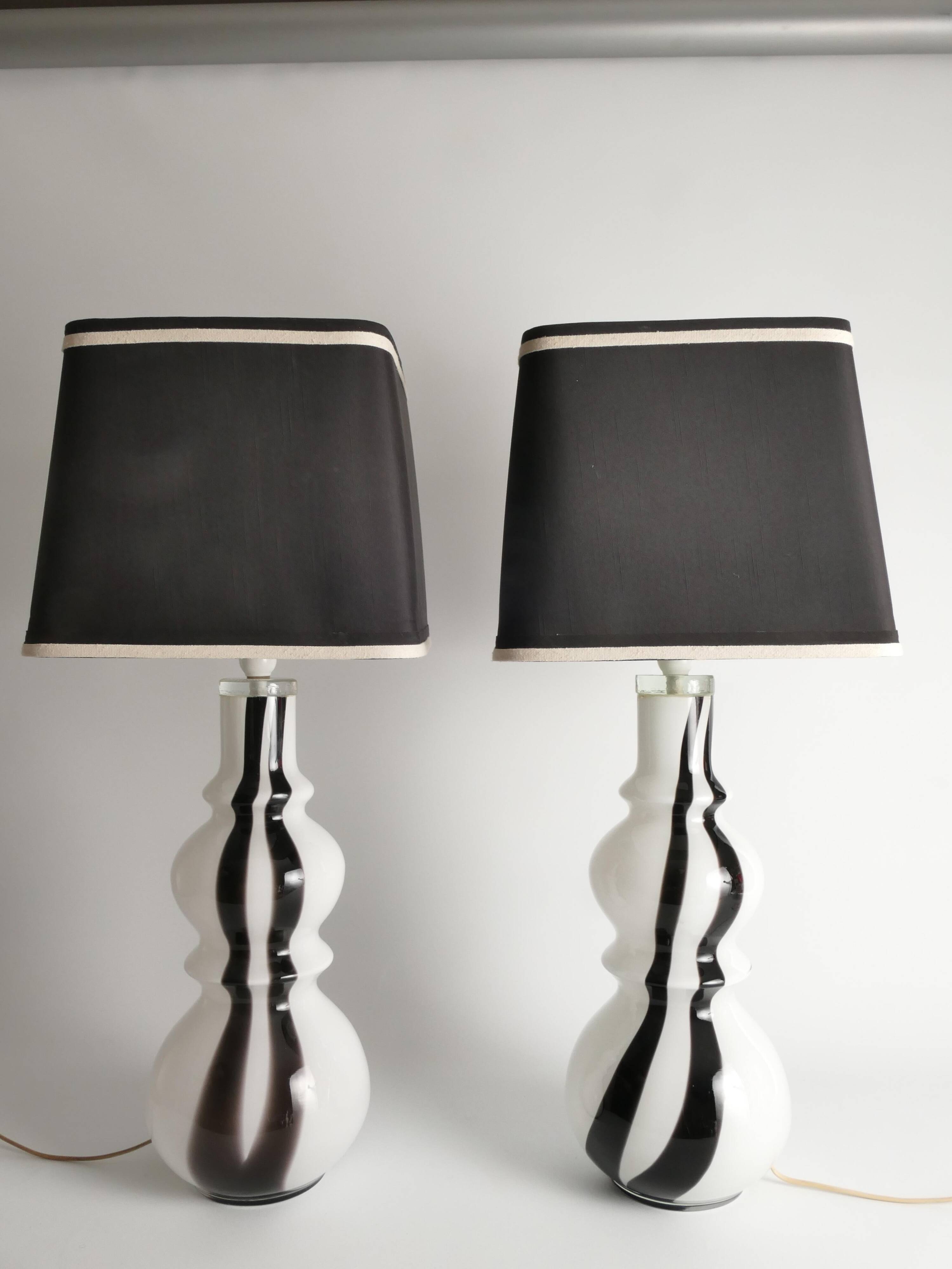 Sculptural Art Glass Murano Style Table Lamps, Black & White, 1960s, Set of 2