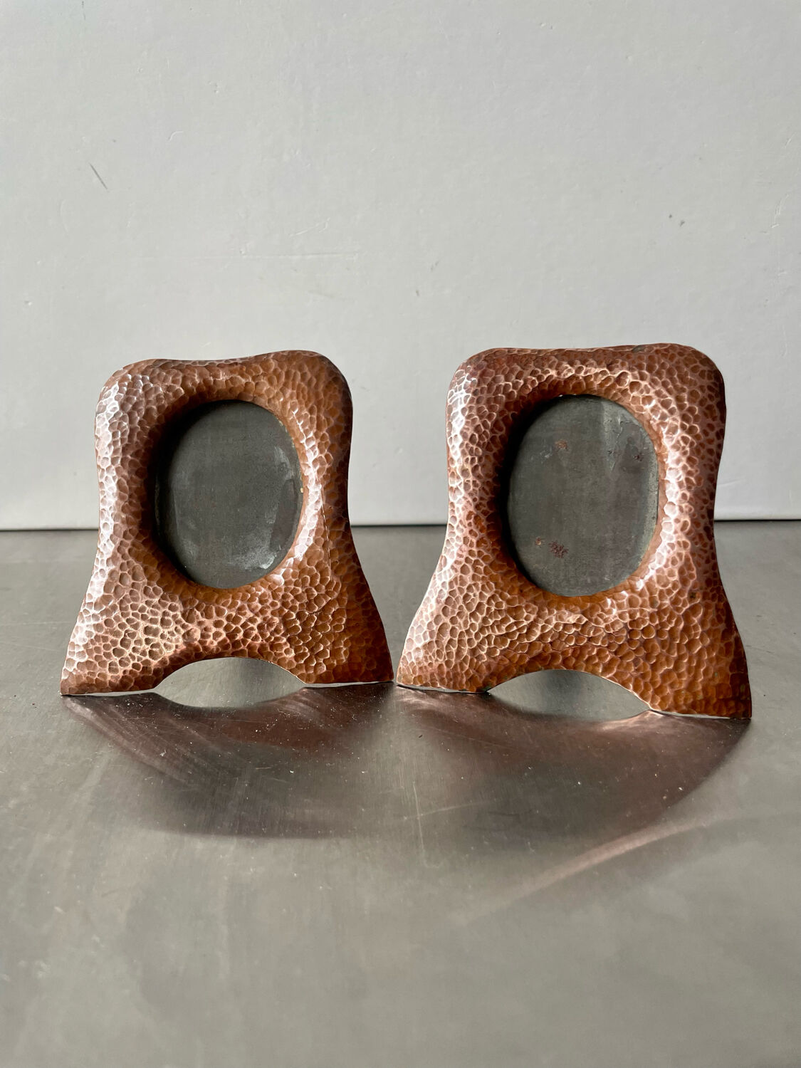 Pair of antique art nouveau copper metal photo frame  hammered copper
