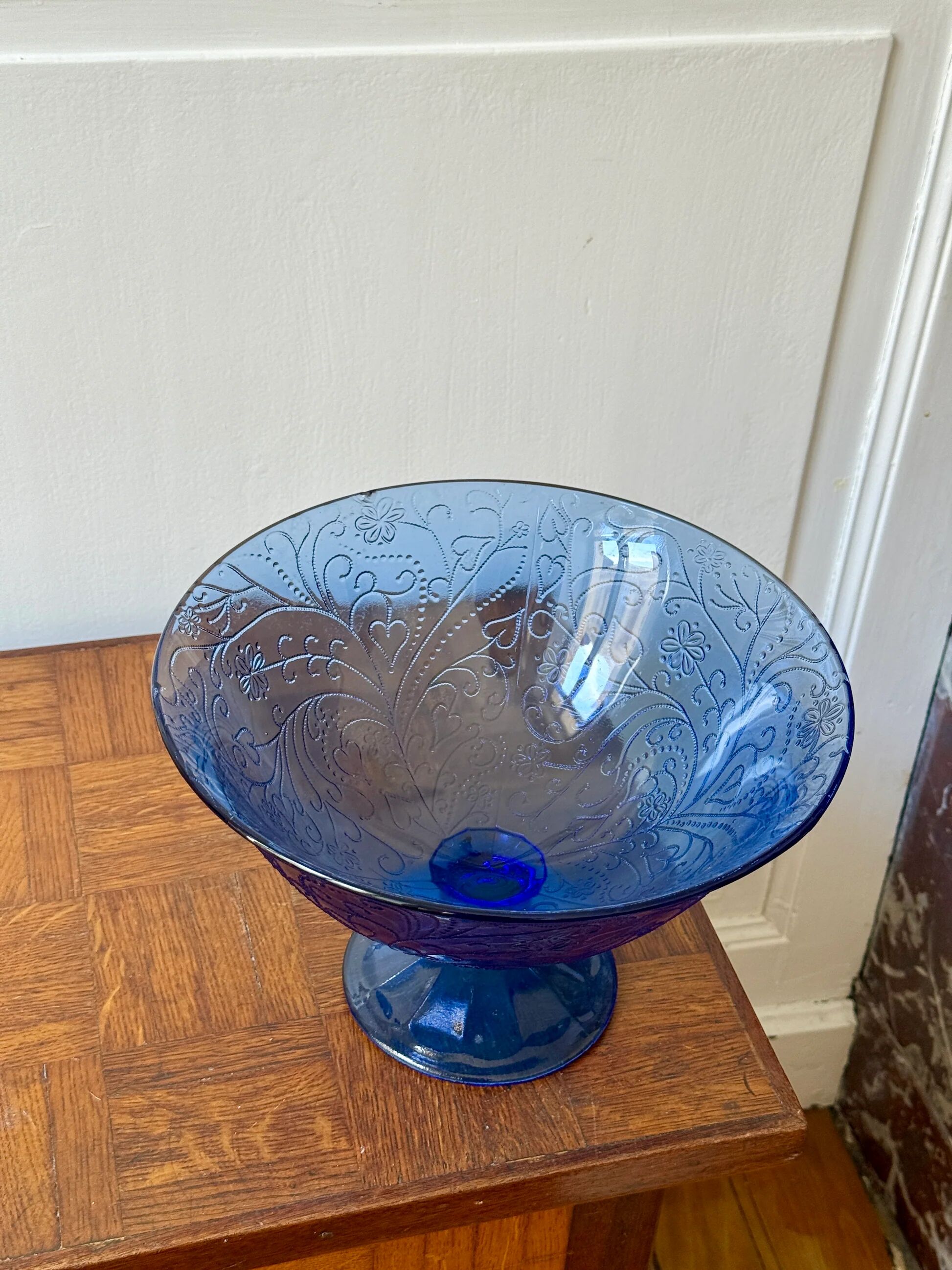 Bluish glass fruit bowl