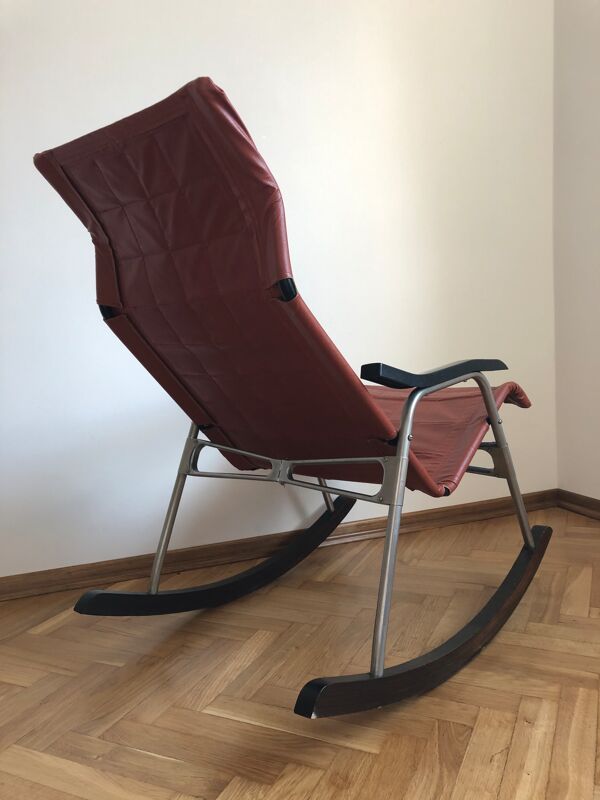 Rocking-Chair Japonais En Cuir Par Takeshi Nii, Années 1950