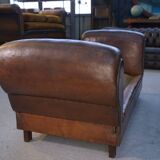 1920s convertible leather club bench with velvet seats