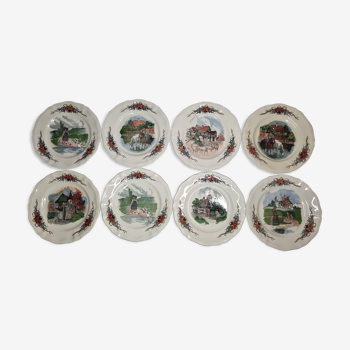 Ensemble de huit assiettes à dessert, Obernai, Sarreguemines, décor de Henri Loux, 21 cm
