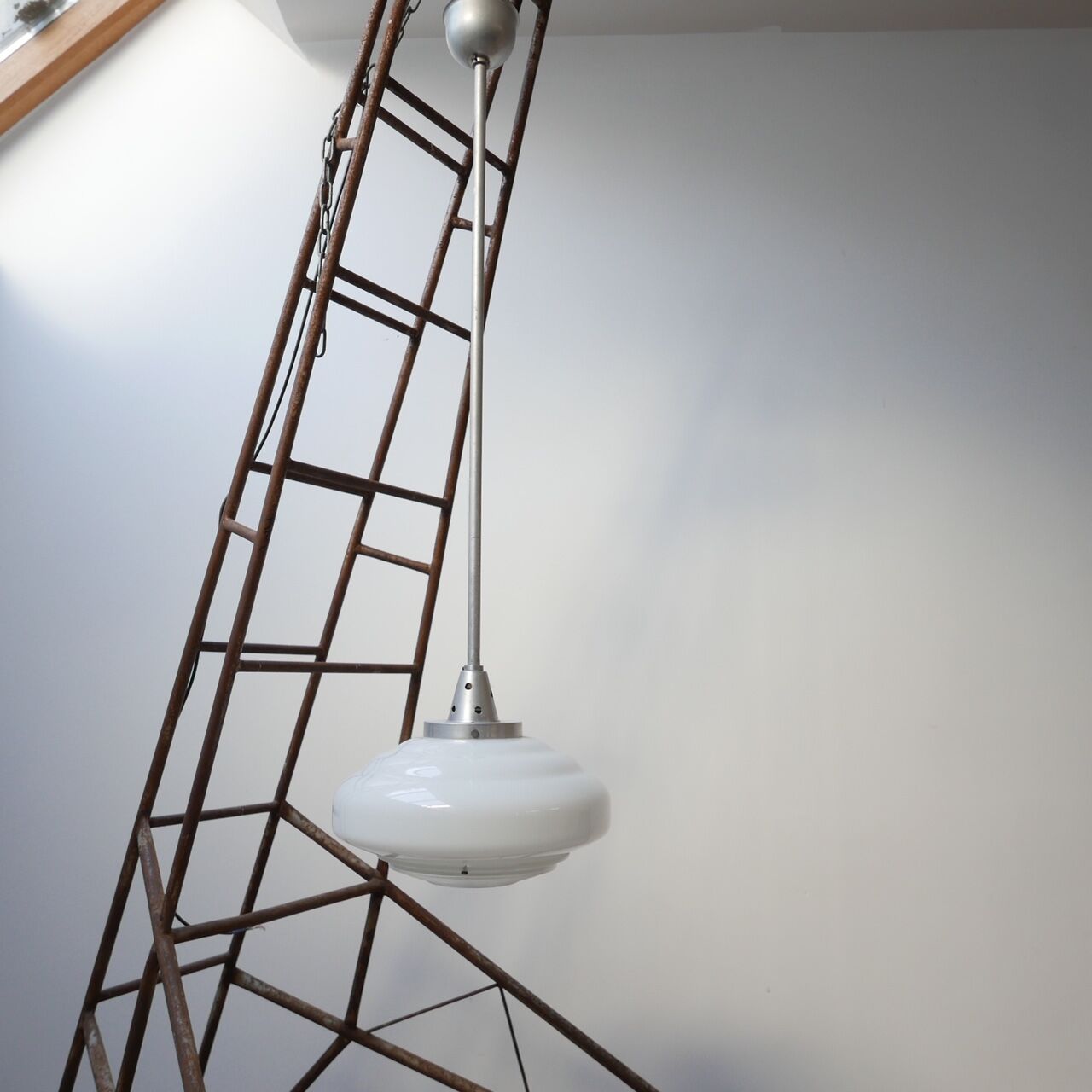 French Holophane Two Tone Glass Opaline Mid-Century Pendants (3)