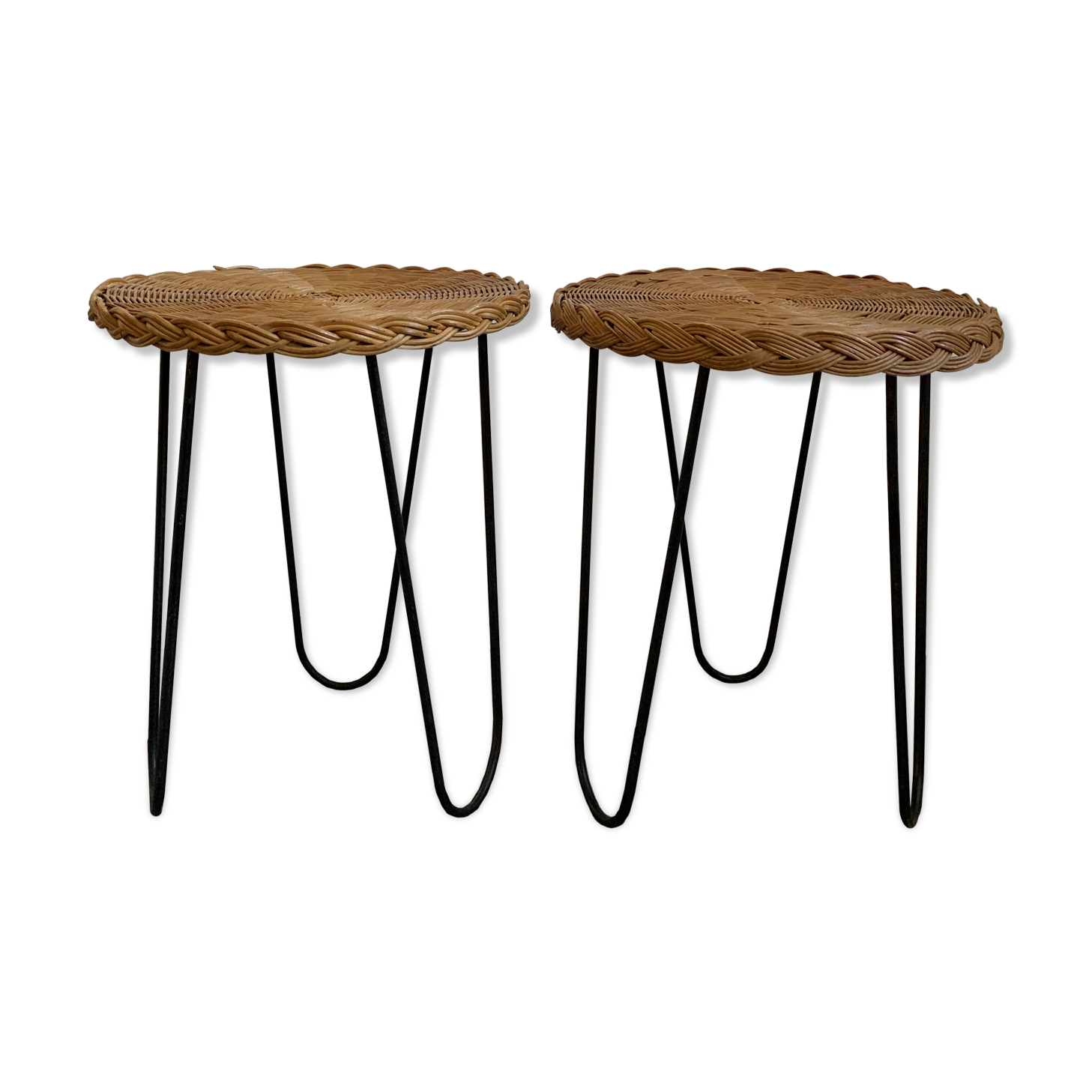 Pair of vintage bedside tripod metal and wicker