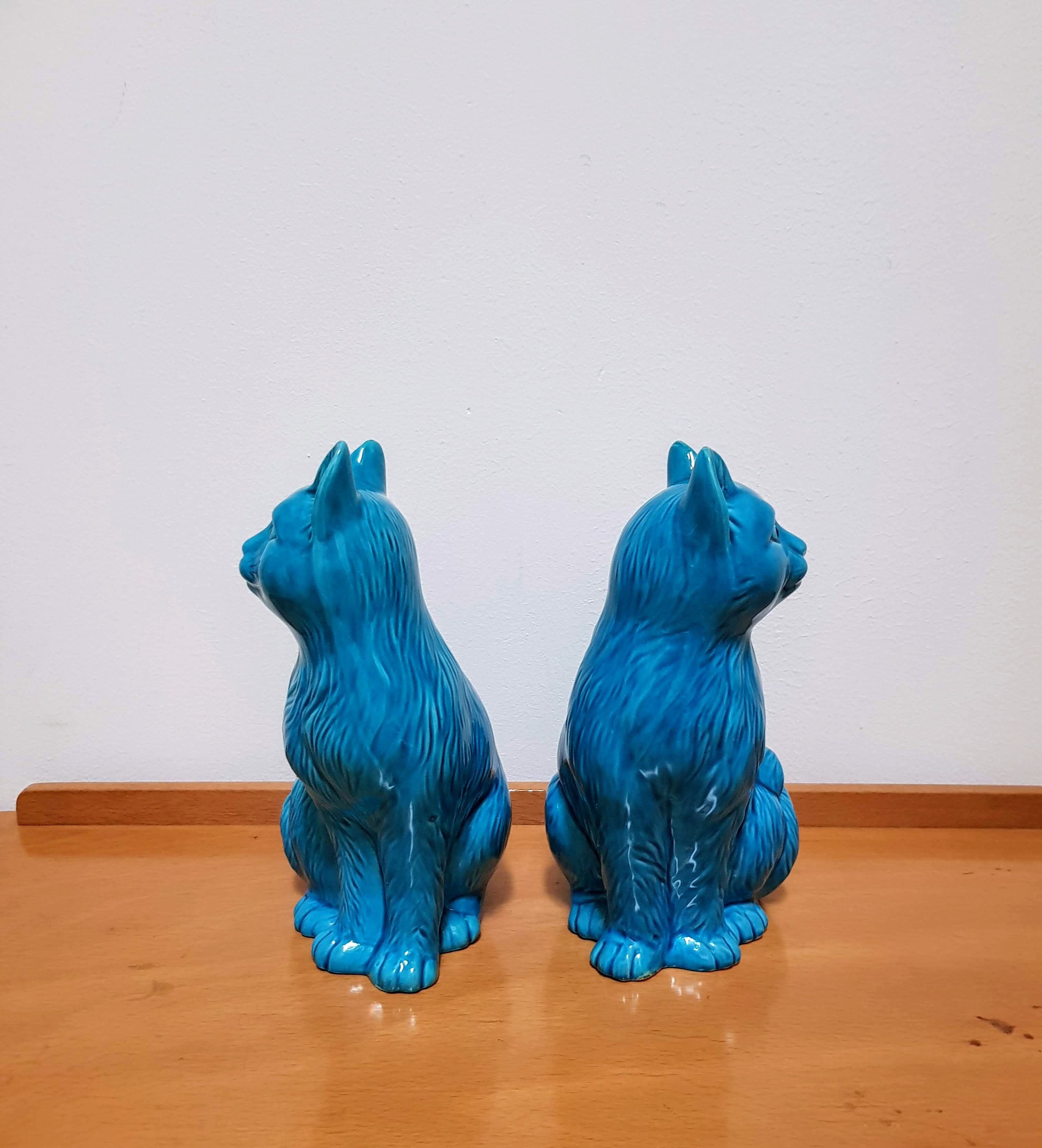Vintage Pair of Ceramic Blue Cats Bookends