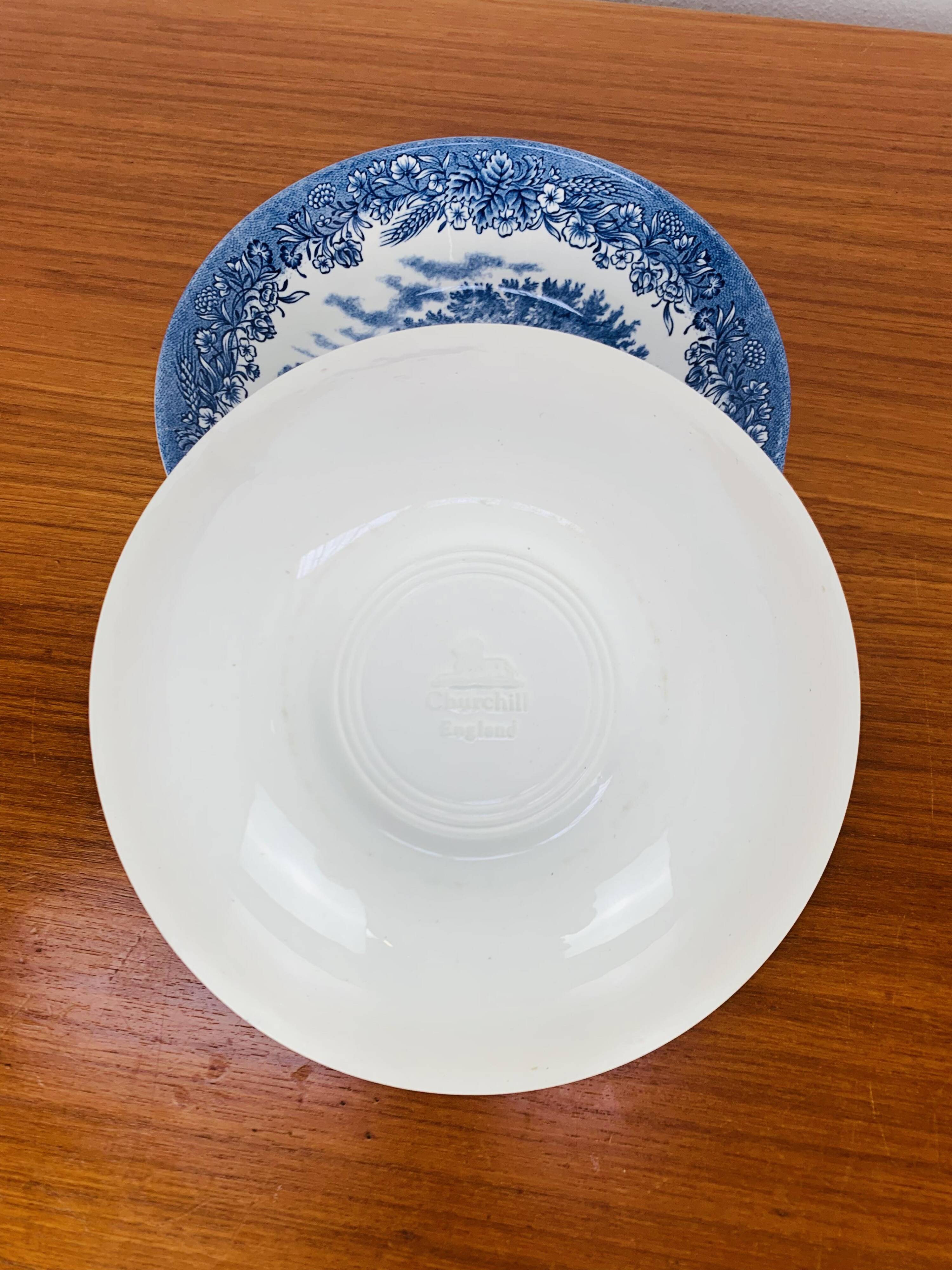 4 Churchill English ironstone soup plates, blue