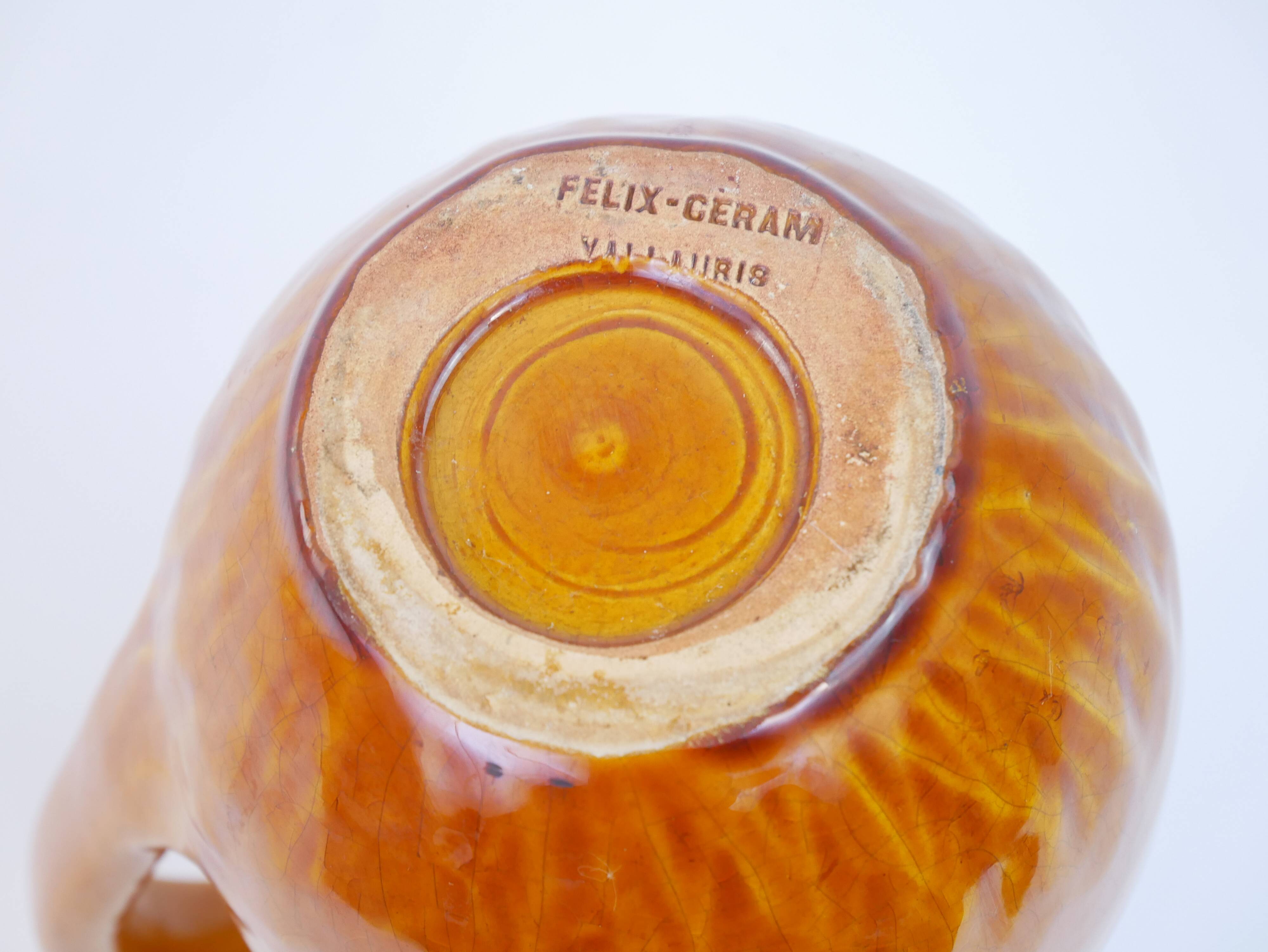 Yellow ochre ceramic pitcher signed Félix Céram Vallauris circa 1960