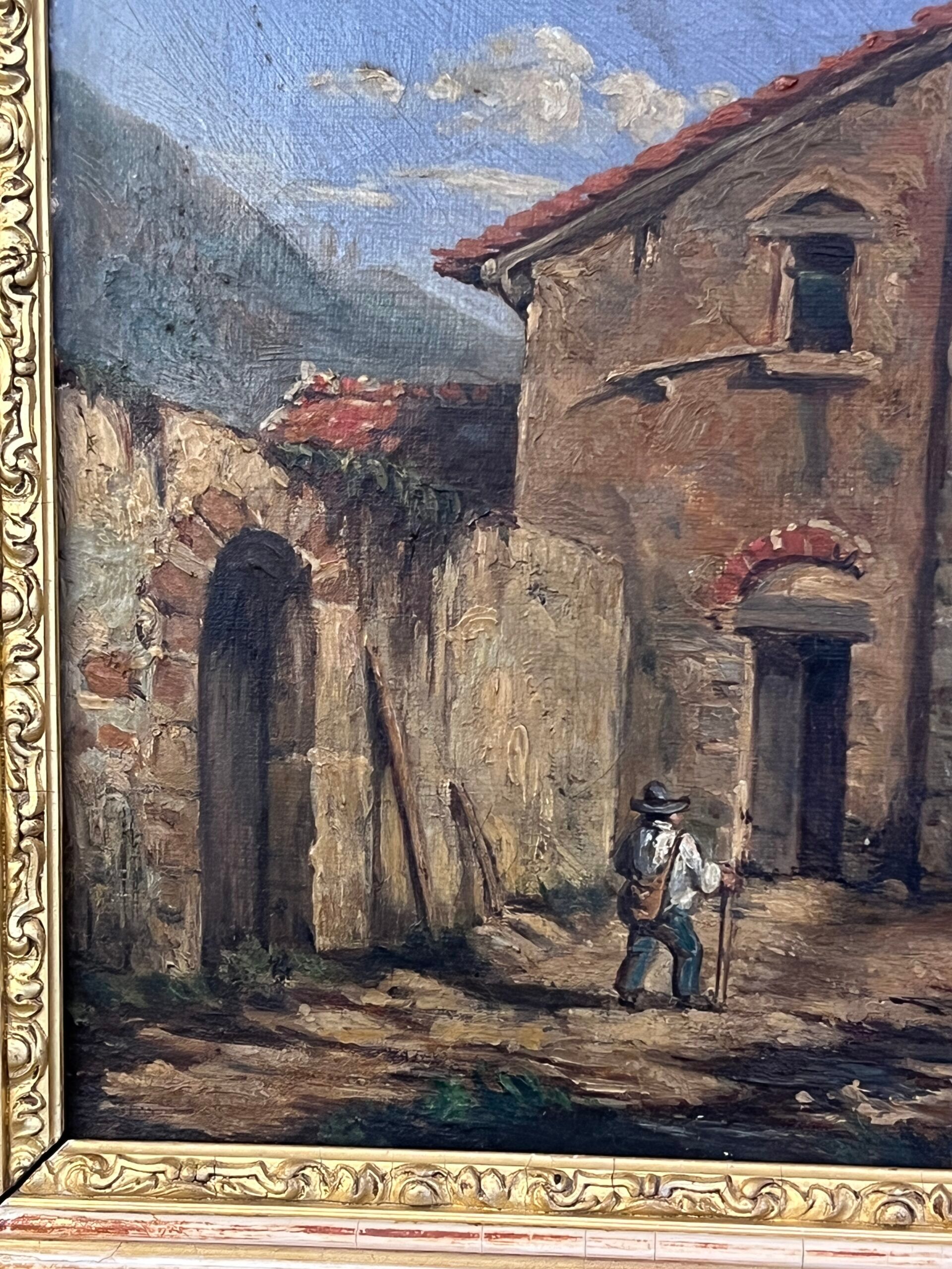 19th century painting, oil on canvas, interior decor of a lively village