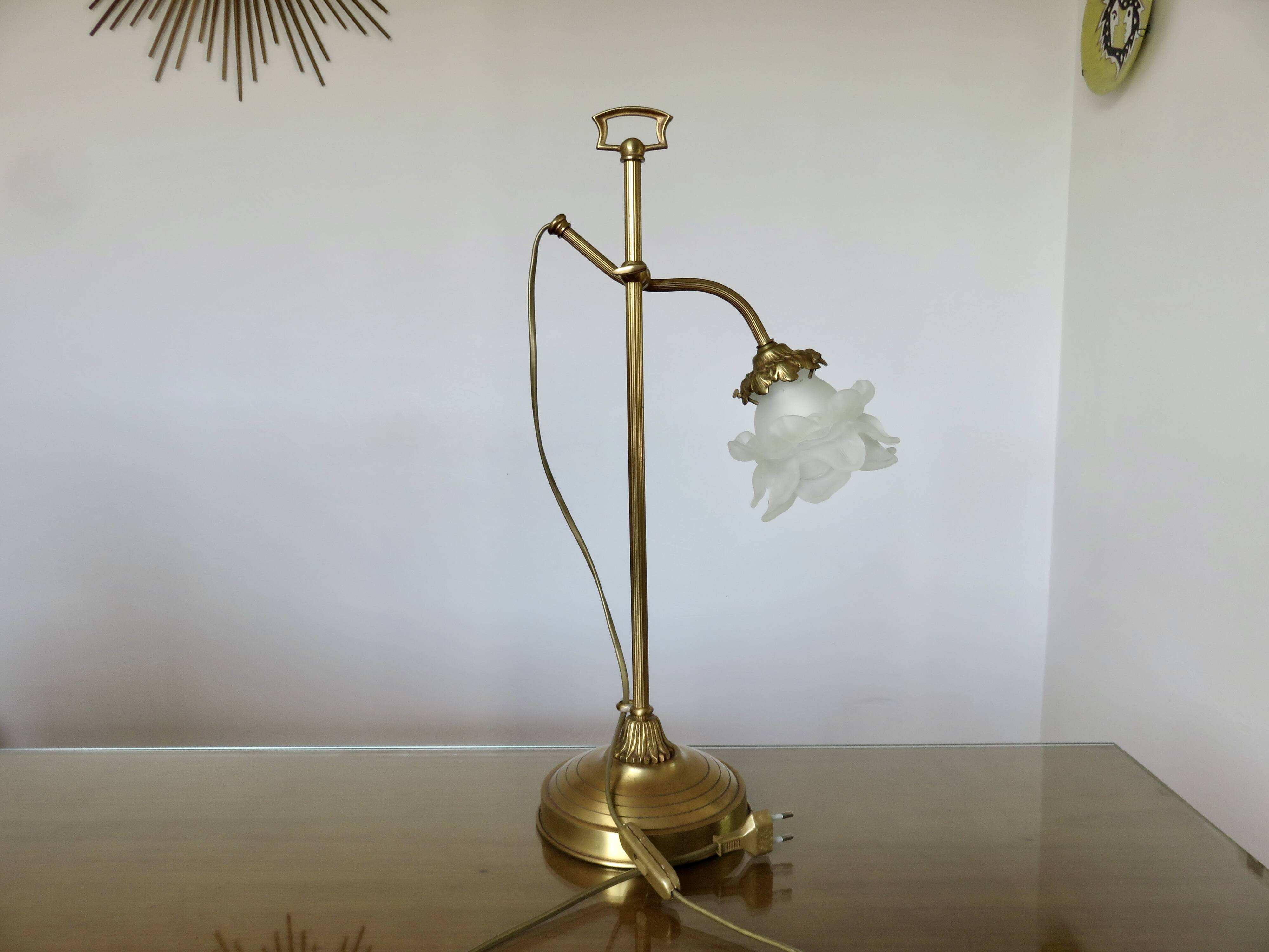 Large art nouveau brass lamp with frosted glass tulip in the shape of a rose