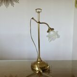 Large art nouveau brass lamp with frosted glass tulip in the shape of a rose