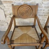Pair of neo-Basque armchairs, wooden and mulched seat