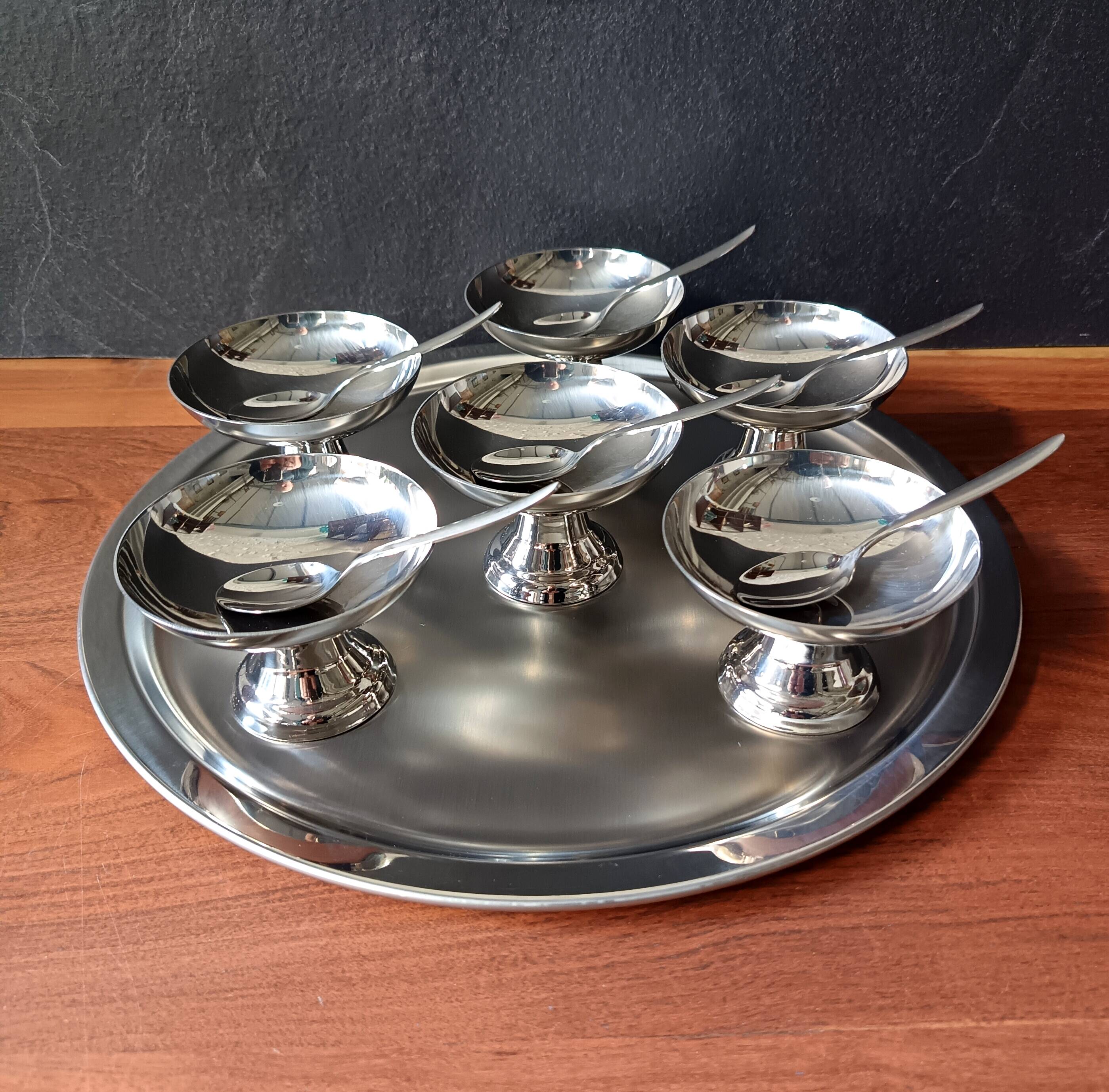 Set of 6 cups, tray and ice cream spoons guy degrenne "modern line"