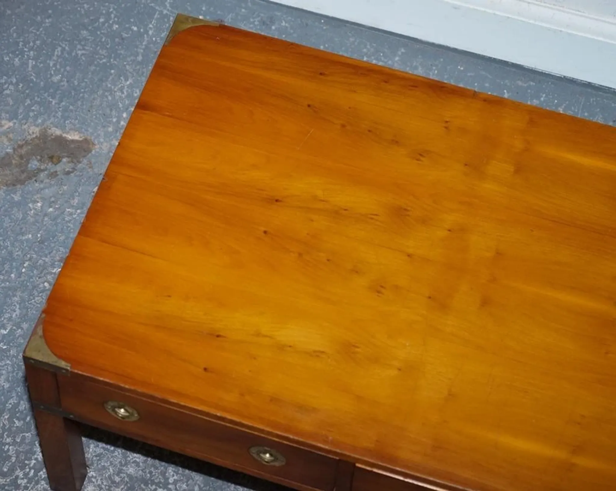 Vintage Military Campaign Coffee Table in Yew Wood and Brass