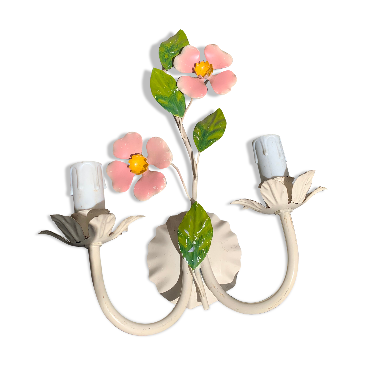 Vegetable wall lamp, pink flowers and green foliage, white, green and pink patina, vintage