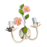 Vegetable wall lamp, pink flowers and green foliage, white, green and pink patina, vintage